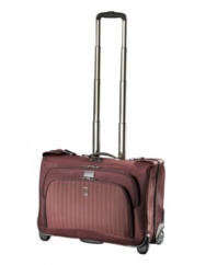 A lighter construction and fashion-forward design put you on the fast track to your destination with easy-glide removable wheels and a retractable handle that stops at different heights for travelers of all sizes and preferences. Built durable from ballistic nylon, this rolling garment bag with removable suiter features an attractive herringbone trim that sets the tone for the trip. Limited lifetime warranty.