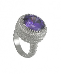 The perfect shade of purple. An alluring amethyst-colored cubic zirconia (14-1/2 ct. t.w.) stands out on City by City's striking ring. Crafted in nickel-free silver tone mixed metal, it features an intricate braided design. Sizes 5, 6, 7, 8 and 9.