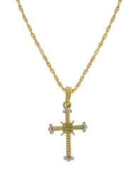 Show your devotion in stylish sparkle by Vatican. Features an intricate cross accented by round-cut crystals. Setting and chain crafted in gold tone mixed metal. Approximate length: 18 inches. Approximate drop: 1-3/4 inches.