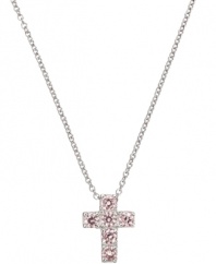 Devotionally designed. The perfect gift for a first communion, CRISLU's children's cross pendant features sparkling, round-cut cubic zirconias (1/3 ct. t.w.) in pretty pink hues. Crafted in platinum over sterling silver. Approximate length: 13 inches + 1-1/2-inch extender. Approximate drop: 1/2 inch.