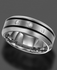Sleek design with a modern edge. This tungsten ring by Triton features round-cut diamond (1/10 ct. t.w.). 8 mm band. Sizes 8-15.