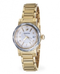 A unique crystal bezel modernizes this classic golden watch by Swarovski. Octea Lady crafted of gold PVD stainless steel bracelet and round case. Faceted silver shade crystal at bezel. Mother-of-pearl dial features stick indices and crystal accents at markers, date window at three o'clock, luminous hands and logo at twelve o'clock. Swiss quartz movement. Water resistant to 30 meters. Two-year limited warranty.