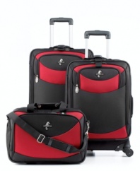 Jet away now-experience the ease and excellence of spinner mobility! Two uprights and a carryall tote make traveling a real breeze, offering ample space to pack in all of the essentials and a lightweight simplicity that propels you forward. 10-year limited warranty.