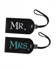 The perfect pair! Make a commitment to your luggage with these easily-identifiable Mr. and Mrs. luggage tags. Standing out in genuine leather, each tag provides a slot for personal identification and easily attaches to your bag.