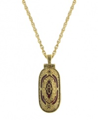 Keep your faith close to your heart at all times. Vatican pendant features an enclosed locket with red enamel and Swarovski crystal accents. Open the locket and find a crucifix inside. Setting and chain crafted in gold tone mixed metal. Approximate length: 30 inches. Approximate drop: 1-3/4 inches.