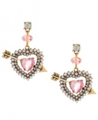 Radiant and romantic! You'll fall in love with Betsey Johnson's heart and arrow drop earrings. Adorned with faceted cherry beads, sparkling crystals and imitation pearls, they're crafted in antique gold tone mixed metal. Approximate drop: 1-3/4 inches.