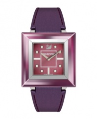 Prismatic purple creates a regal effect on this Rock 'n' Light watch by Swarovski. Prune-colored leather strap and square stainless steel case with amethyst satin crystal bezel. Prune-colored sunray dial features clear crystal markers, silver tone stick indices at three, six and nine o'clock, logo at twelve o'clock and two hands. Swiss quartz movement. Water resistant to 30 meters. Two-year limited warranty.