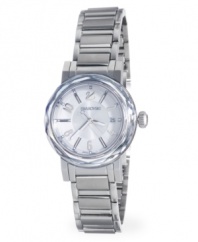 Take feminine sophistication to a new level with this graceful Octea Lady watch by Swarovski. Stainless steel bracelet and round case. Bezel of faceted clear crystal. Silver tone dial features applied silver tone numerals and stick indices at markers, date window at three o'clock, three hands and logo. Swiss quartz movement. Water resistant to 30 meters. Two-year limited warranty.