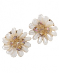For the floral fanatic. Carolee's shimmery button earrings feature white and clear glass beads in pretty floral patterns. Crafted in gold tone mixed metal. Earrings have a clip on backing. Approximate diameter: 1-1/2 inches.