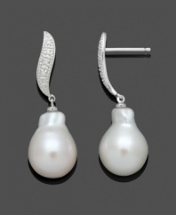 Beauty at its finest. Belle de Mer's Baroque-style drop earrings highlight a cultured freshwater pearl (11-12 mm) and a swirling post setting dusted with diamond accents. Crafted in 14k white gold. Approximate drop: 1-1/4 inches.