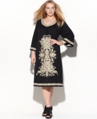 Look stunning from day to date night with INC's three-quarter sleeve plus size dress, accented by elegant embroidery.