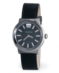 Make your mark with this perfectly feminine take on black-on-black. Piazza watch by Swarovski crafted of black leather strap and round stainless steel case. Black enamel dial features four crystal at each marker, logo at twelve o'clock and two silver tone hands. Swiss quartz movement. Water resistant to 30 meters. Two-year limited warranty.