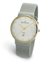 When style perfectly melds with function. This Skagen Denmark timepiece features a signature silvertone stainless steel mesh bracelet and case with a goldtone bezel, markers, and dots-- all contrasted on a white dial with a date window. Three-hand, quartz movement. Water resistant to 30 meters.