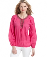 MICHAEL Michael Kors makes a petite peasant top go glam with the addition of a sparkling jeweled, beaded neckline and dashing drawstring closure.