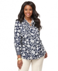 Add a classic topper to your casual wardrobe with Charter Club's long sleeve plus size shirt, accented by a pintucked front.