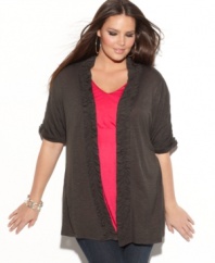 Layer your sleeveless styles with INC's half sleeve plus size cardigan, featuring a ruched front.