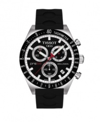 Track your every second with this precision-driven PRS 516 watch by Tissot. Black rubber strap and round stainless steel case. Black rotating bezel with tachymeter scale. Black chronograph dial features luminous stick indices and hands, date window, three subdials and logo. Swiss movement. Water resistant to 100 meters. Two-year limited warranty.