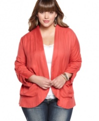 Add a lightweight layer to looks this season with American Rag's three-quarter sleeve plus size jacket, accented by pleating and ruching.