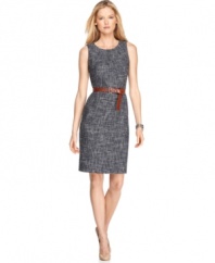 A leather belt adds a flattering touch to this chic petite tweed dress by MICHAEL Michael Kors. (Clearance)