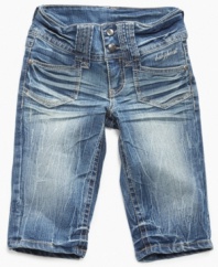A little something extra. These jean skimmer shorts from Baby Phat are a little longer for extra coverage and have great details like whiskering and studs for a stylish casual look. (Clearance)