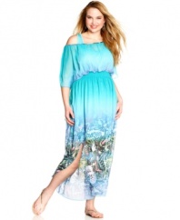Get set for your spring break with One World's off-the-shoulder plus size maxi dress, rocking a sublimated print!