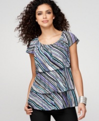 Mutli-color stripes on a tiered silhouette make this petite Style&co. top a pretty addition to your closet. Easy to wear with skinny jeans or slim-fitting dress pants!