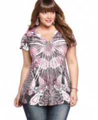 Show off your wild side with One World's short sleeve plus size top, showcasing a sublimated print!
