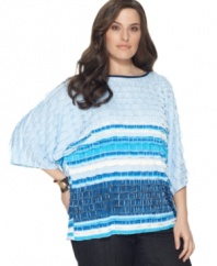 Tiered ruffles beautifully accent Elementz' dolman sleeve plus size top, featuring an on-trend striped pattern.