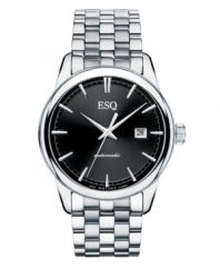 An absolutely stunning and classic design from ESQ by Movado, this Chronicle watch features self-winding movement. Stainless steel bracelet and round case with exhibition back and sapphire crystal. Black dial features applied silvertone stick indices, printed minute track, date window at three o'clock and logo at twelve o'clock. Swiss automatic movement. Water resistant to 50 meters. Two-year limited warranty.
