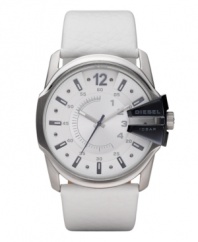 Unexpected details give a futuristic edge to this white-out watch by Diesel. White leather strap and round stainless steel case with blue ion-plated crown protector featuring logo. White sunray dial features applied blue and gray numerals and stick indices and luminous hands. Quartz movement. Water resistant to 100 meters. Two-year limited warranty.
