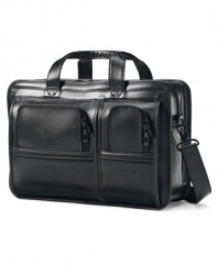 Meet your business associate-a smart leather exterior sets the tone for you itinerary, while a fully-stocked interior, with padded laptop compartment, keeps tabs on all of your technology & accessories. A padded, removable shoulder strap adjusts for comfort and the convenient SmartSleeve easily slides over handles of uprights for quick transport.