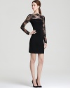 A sequin-bedecked lace yoke and sleeves lend romantic flair to this ultra-chic ABS by Allen Schwartz dress.
