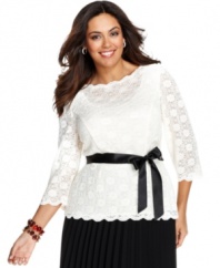 Alex Evenings' plus size top features a gorgeous lace overlay and a ribbon sash at the waist--a beautiful option for creating a fresh, feminine special occasion ensemble.