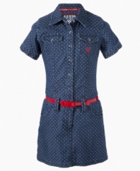 On the spot. Allover polka dots and a cute accessory belt accent this shirtwaist dress from Guess.