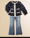 Haute couture style with classic contrast trim combines with down warmth in a perfect winter jacket for a young fashionista.Round necklineQuilted puffer body and sleevesTwo-way front zipperLong sleeves, one with appliquéd logoFour front patch pocketsStraight, slightly cropped hem90% down/10% feather fillFully linedNylonMachine washImported