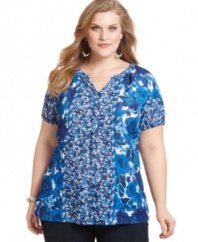 A mixed floral print refreshes Charter Club's short sleeve plus size top-- it's perfect for the season!