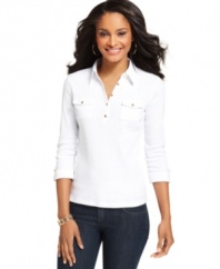 Karen Scott jazzes up a classic polo with ribbing and metallic accents -- a great petite basic for your wardrobe!