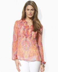 This petite Lauren by Ralph Lauren blouse is rendered in airy, crinkled georgette with a froth of ruffles and a vibrant paisley print for a feminine look. (Clearance)