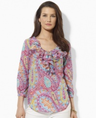 A beautifully bright paisley-pattern lends breezy charm to this Lauren by Ralph Lauren petite top, designed in light-as-air cotton voile with puffed sleeves and voluminous ruffles for a graceful touch. (Clearance)