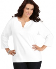 Complete your casual looks with Karen Scott's three-quarter-sleeve plus size henley top-- snag all the colors at an Everyday Value price!