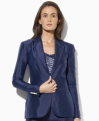 A classic tailored construction lends an air of sophistication to this petite jacket in lustrous silk dupioni, from Lauren by Ralph Lauren. (Clearance)