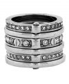 Style in a snap. The unique hinge design, combined with rows of round-cut crystal make Vince Camuto's chic cocktail ring a must-have for your collection. Crafted in silver-plated mixed metal. Approximate design size: 1 inch. Size 7.