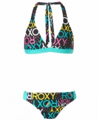 Put it in print! She'll have a hold on warm-weather style with this colorful halter bikini from Roxy.
