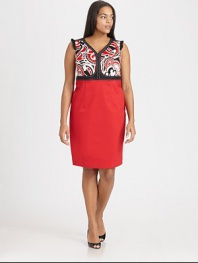 Beyond stunning, a lively abstract print couples perfectly with a classic silhouette with flattering Princess seams and Empire waist.V-necklineSleevelessRuffle detail on shouldersEmpire waistPrincess seamsSide zipperBack ventAbout 24 from natural waist62% cotton/33%nylon/5% spandexDry cleanMade in Italy