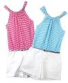 So put together. She'll have no problem pulling off the latest look with this one-piece striped romper from BCX.