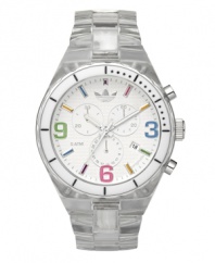 Don't take yourself too seriously. Colorful Cambridge watch by adidas crafted of crystal clear nylon plastic bracelet and round case with silver tone bezel. White chronograph dial features multicolor numerals at three, six and nine o'clock, stick indices, minute track, three subdials, date window, three hands and logo. Quartz movement. Water resistant to 50 meters. Two-year limited warranty.