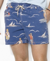 The classic-fitting Traveler swim short is rendered in soft brushed cotton canvas with a Deco-inspired beach print.