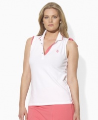 An embodiment of feminine style with an athletic sensibility, Lauren by Ralph Lauren's sleeveless plus size polo is crafted in sleek stretch jersey with metal ring snaps, bright trim and flirty ruched detailing.