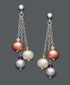 Dress up your evening wear with drops of perfect pearls. Fresh by Honora earrings feature three cultured freshwater pearl drops (6-1/2-7 mm) in white, gray, and pink accompanied by sparkling crystal accents. Crafted in sterling silver. Approximate drop: 1-1/2 inches.