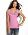 INC's basic petite tank top looks even more elegant with a neckline full of rosettes!